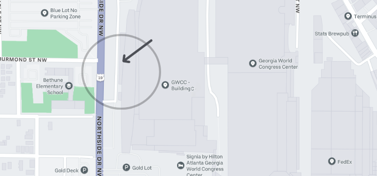 Map showing Blue Lot No Parking Zone on Northside Drive NW near Bethune Elementary School and Georgia World Congress Center.