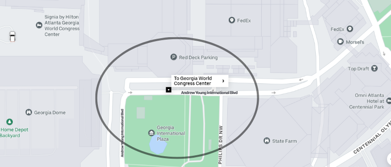 Map showing directions to Georgia World Congress Center, highlighting Andrew Young International Blvd and nearby landmarks including Georgia Dome, Georgia International Plaza, FedEx, and State Farm.