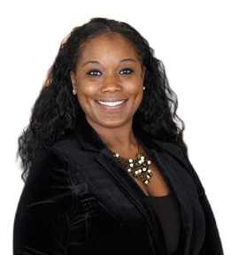 Smiling woman with long black hair wearing a black and white striped blouse and a pearl necklace in an indoor setting.